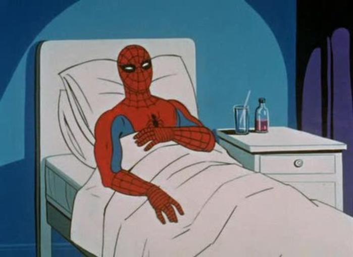 Spider-Man sick in bed.